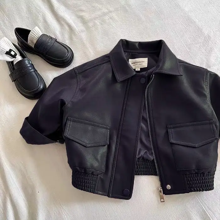 Children's Short Pure Color Flip Collar Leather Jacket Boys Girls Baby Korean Style Versatile Trendy Coat Windproof Zipper