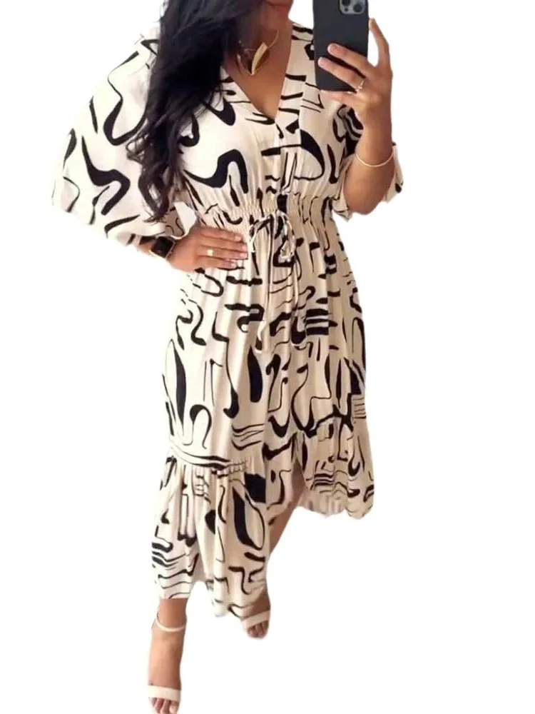 Summer Bohemian Wommen Print Midi Dress V-Neck Half Sleeve High Elastic Waist A-Line Dress Female Fashion Casual Robe Vestido