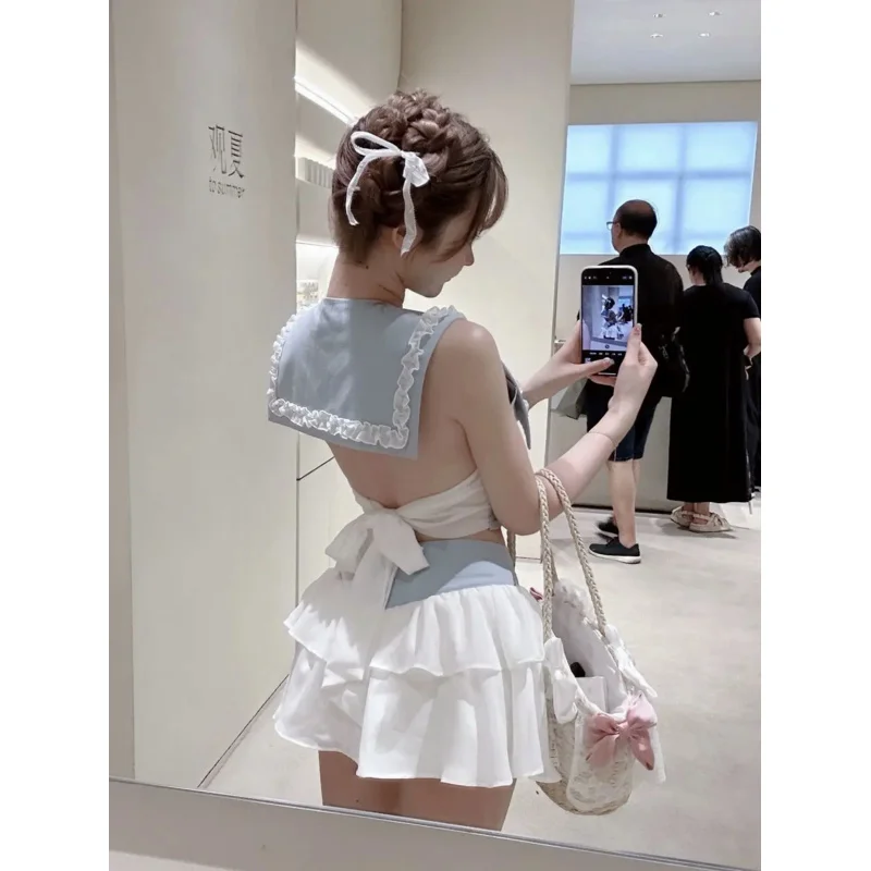 

Japan kawaii sweet patchwork lace two piece set women fashion Y2K Harajuku bow cartoon Slim tops skirt soft girl behind bow tie