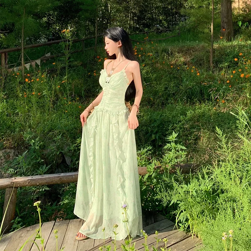 Robe Longue à Bretelles pour Femme, Tenue de Soirée Chic, Imprimée Verte, Style Lolita, Nouvelle Collection Été 2024