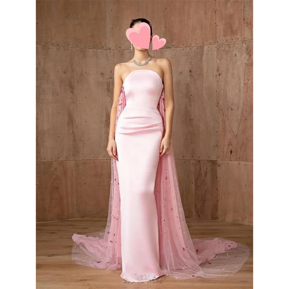 

Cathy Customized Pink Strapless Sheath Prom Dresses Sequins Sleeveless vestidos de noiva Backless Court Train Evening Dress 2025