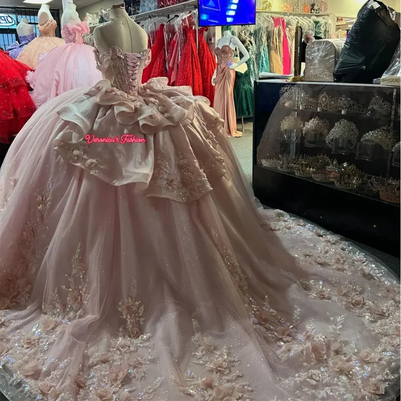 Robe de Rhrose scintillante, appliques florales 3D, volants perlés, à plusieurs niveaux, Sweet 16, 15 ans