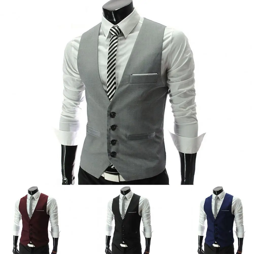 Simple Pockets Suit Vest Formal Business Vest Sleeveless Men Solid Color Workwear Workwear