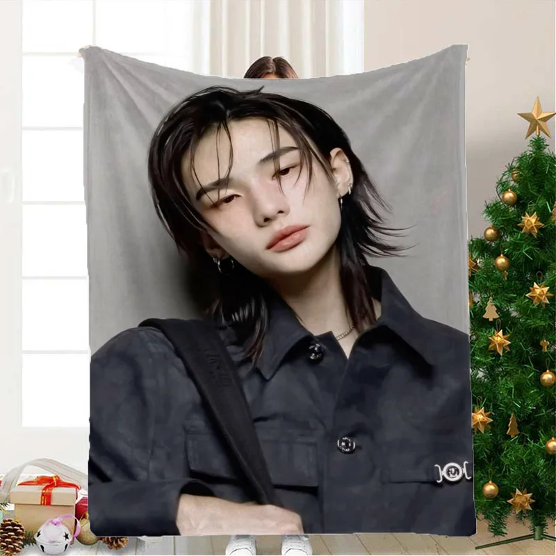Black Jacket Brand Pattern Grey Background Pattern Digital Print Flannel Blanket,  Polyester Material, Lightweight Non
