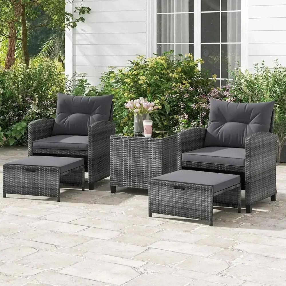 5-Piece Outdoor Patio Furniture Set with Ottoman, Wicker Sectional with Cushions, Glass Coffee Table, Rattan Lounge Chairs, Bist