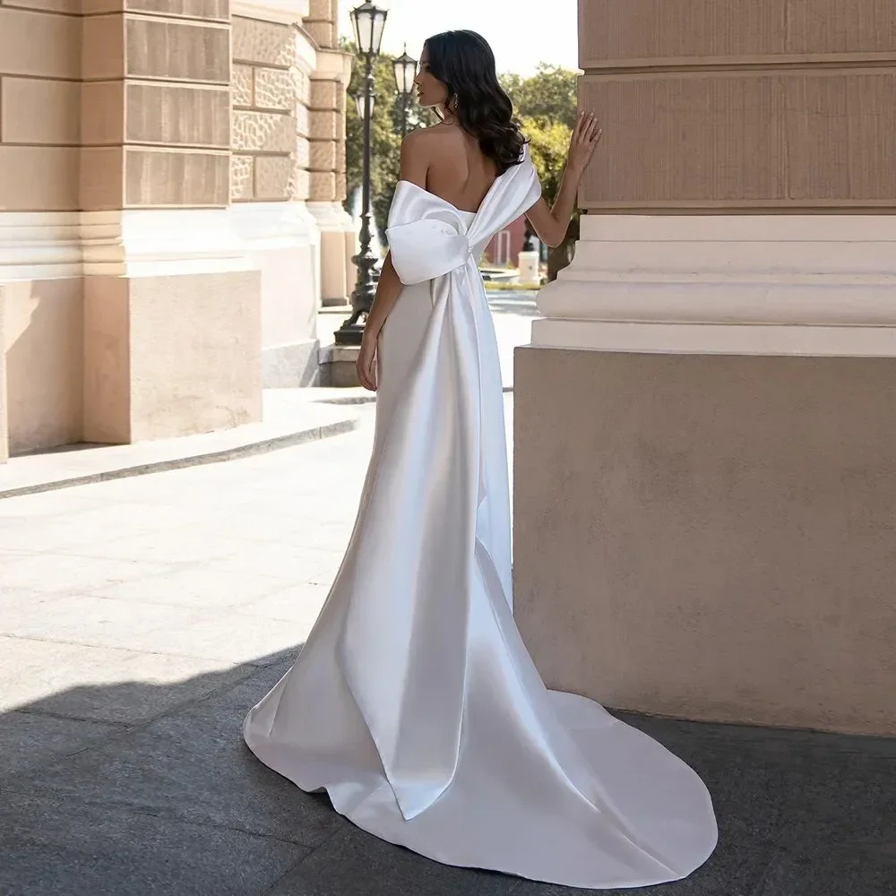 

New Satin Mermaid Wedding Dress Sexy Off the Shoulder Sleeveless Back Big Bow Sweep Train Bridal Gown Vestidos De Novia