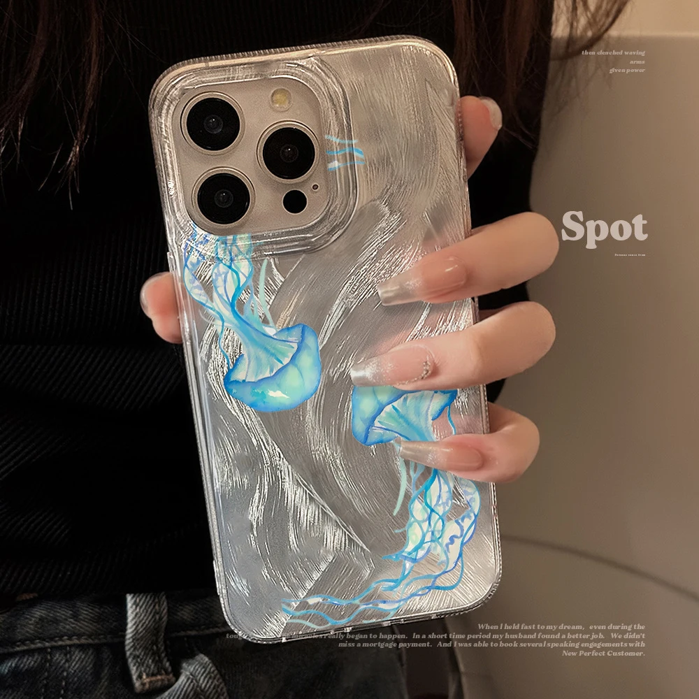 Blue Jellyfish Summer Ocean Hard IMD Phone Case For Xiaomi Redmi Note 14 Pro 13 12 11 10 Pro 5 4G 14C Plus PC Silk Texture Cover view 6