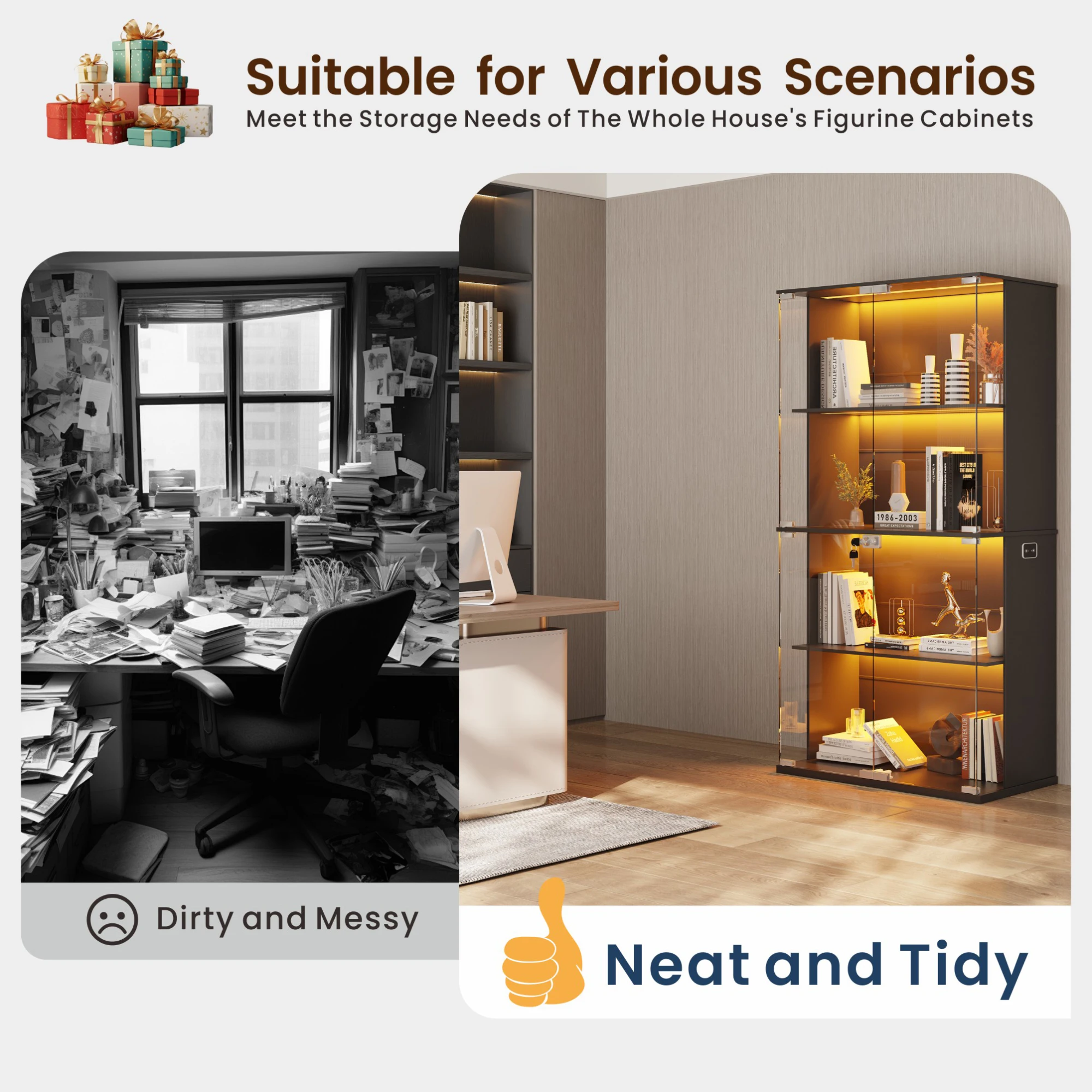 خزانة عرض JDPAG بأبواب زجاجية، خزانة تحف 66 بوصة مع رف قابل للتعديل وقابل للقفل، خزانة كتب من 4 طبقات مع 3 أضواء ملونة #5