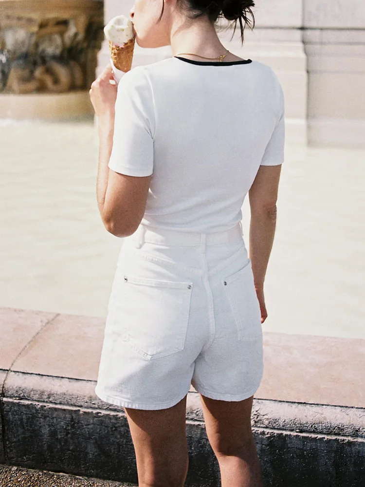 Summer New Women's Slim Fit ort Sve round Ne T-irt Color Blo Layering Teen Girl's Faion Casual Ethnic Sle