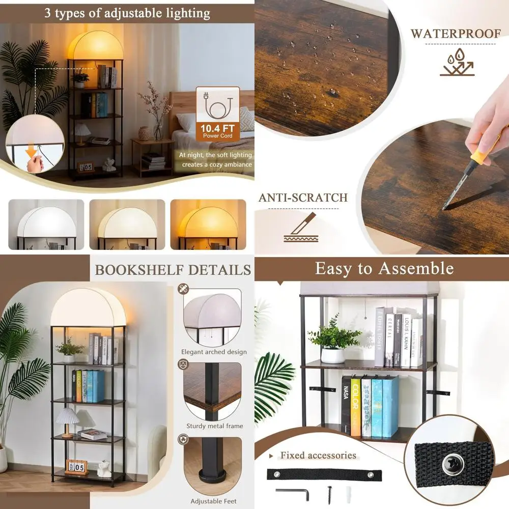 

Illuminated 4-Tier Arched Bookshelf, Tall Display Storage for Home and Office, Rustic Brown