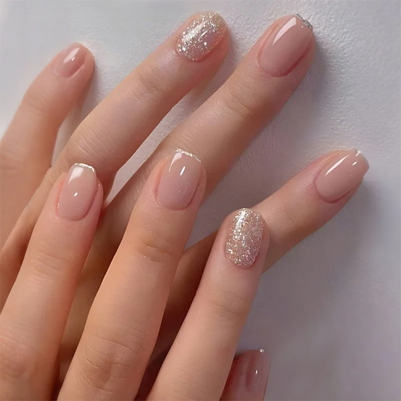 

24pcs Summer French Gold Sparkling Powder Press on Nails Square Manicure Wearable Nail for Women and Girls False Nail