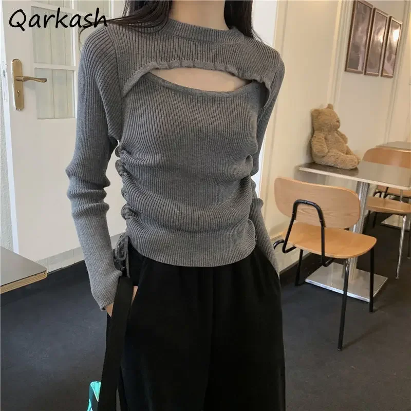 

Pullovers Women Hollow Out Solid Slim Cropped Knitwear Cozy Spring Design Fashion All-match Club 4 Colors Feminino Sweaters Ins