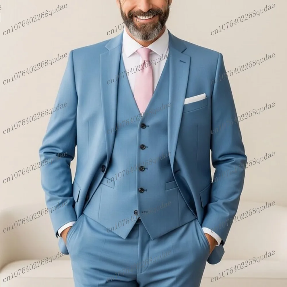 

New Blue Formal Men Suit Wedding Party Groom Groomsman Male Tuxedos Bridegroom Customize 3 Piece Set Blazer Vest Pants