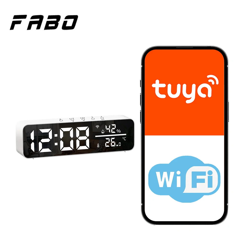 

WiFi Mirror LED Clocks Support Temperature Humidity Sensor Time Display USB Desktop Alarm Clock Tuya APP Control