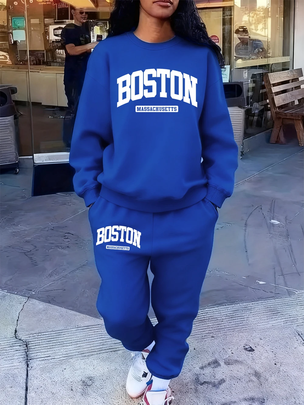 2-teiliges Hoodies-Set für Damen, Boston Massachusetts, bedruckt, Jogginghose, Herbst, Fleece-Tasche, Jogging-Sweatshirt, lässige lockere Kleidung