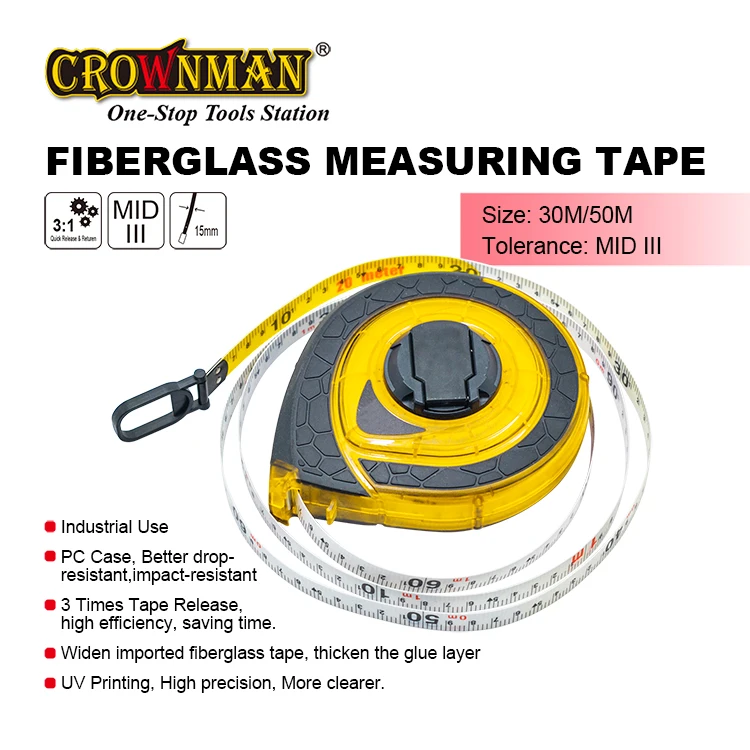 كراونمان أدوات قياس عالية الدقة 3:1 الإفراج السريع العودة 30 متر 50 متر مهندس الألياف الزجاجية أشرطة القياس شريط قياس طويل