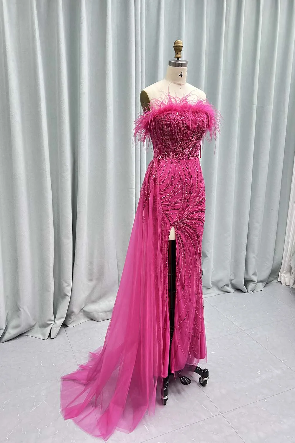 YQLNNE Fuchsia Feathers Long Slit Evening Dresses Strapless Tulle Beaded Sequined Formal Evening Party Gown With Side Drape