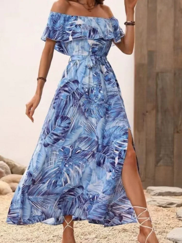 Abito estivo con stampa floreale alla moda Lady Casual Slash Neck Vita alta Abiti larghi con lacci per le donne Boho Beach Holiday Gonna Nuovo