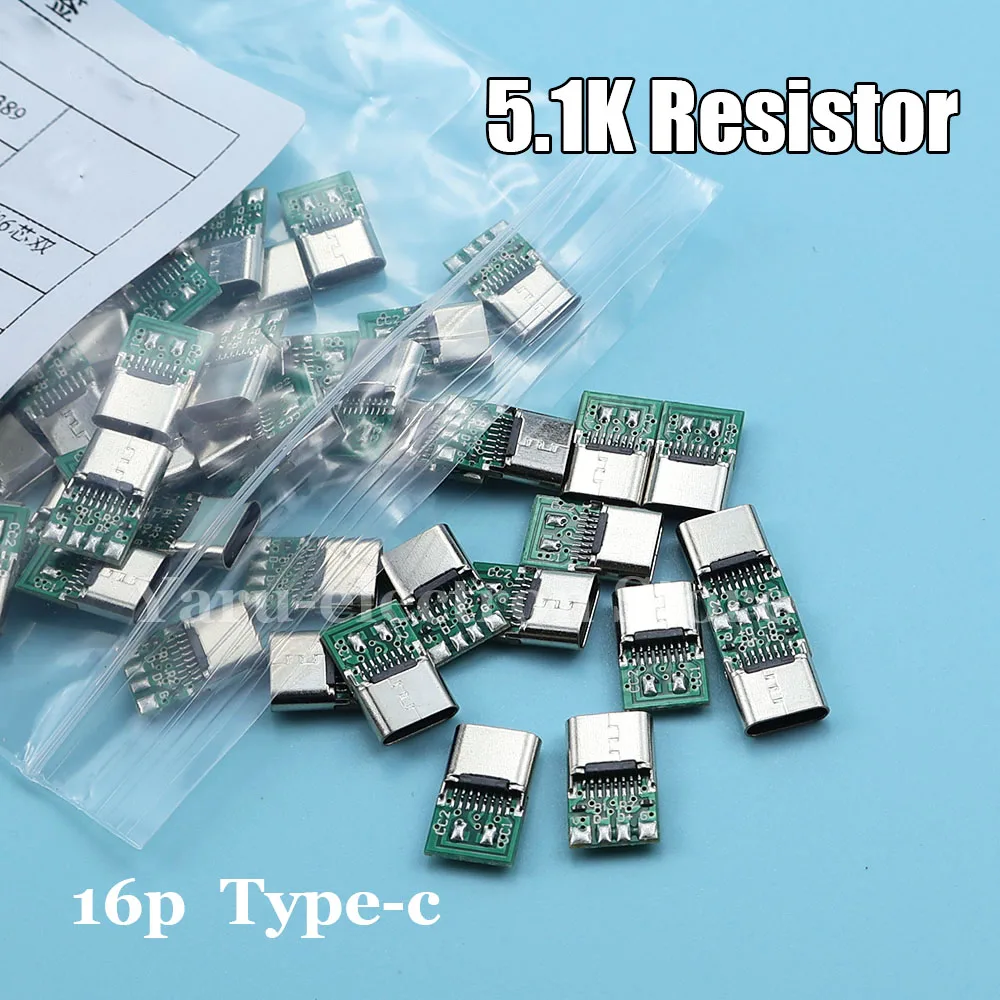 USB Type C Female Connectors Jack With Dual 5.1K Resistors 16pin USB Electric Terminals Welding DIY Data Cable Support PCB Board