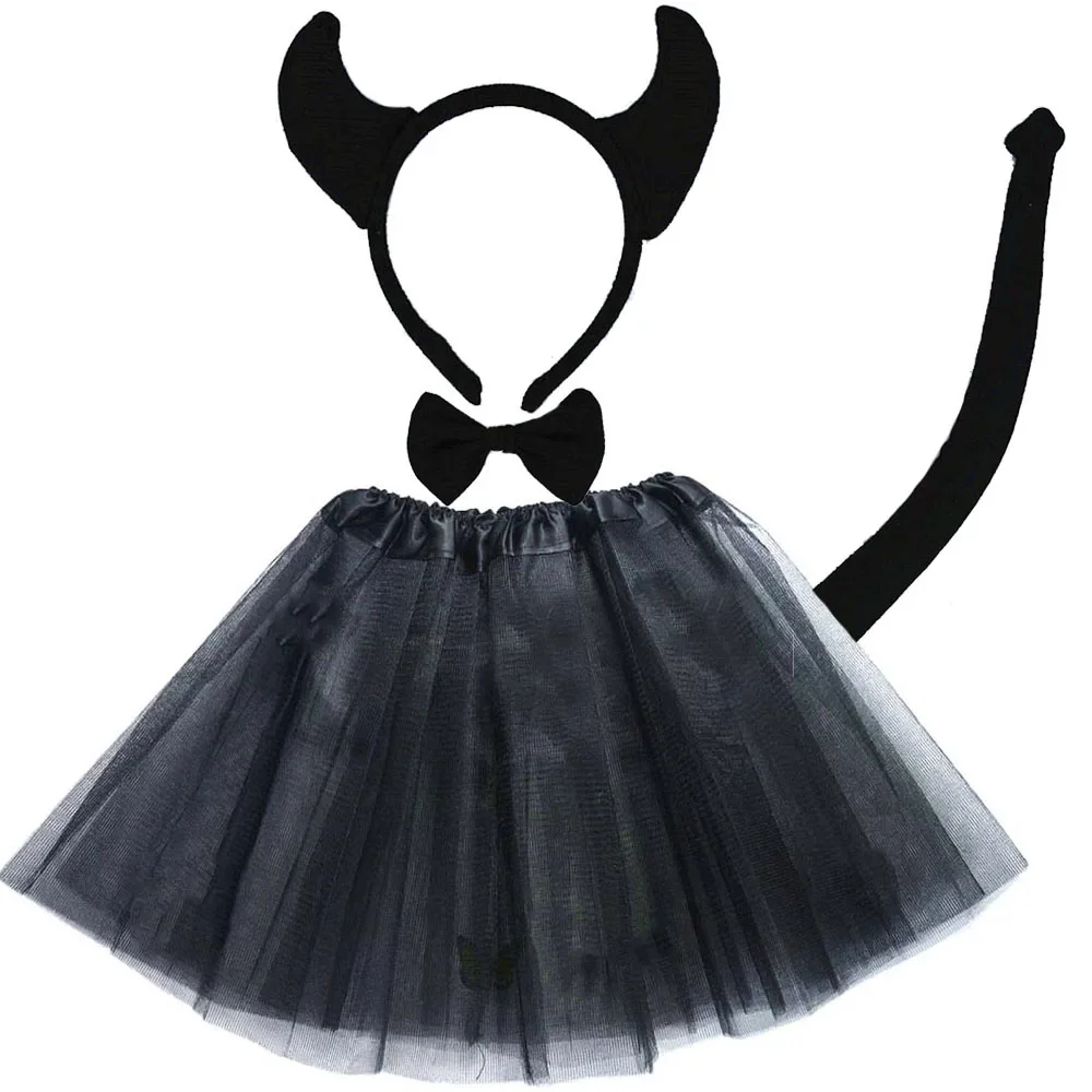 Disfraz de Halloween para niñas y niños, diadema de animales, Toro, vaca, ganado, diablo, demonio, oreja, tutú, falda, corbata, cola, fiesta, Cosplay