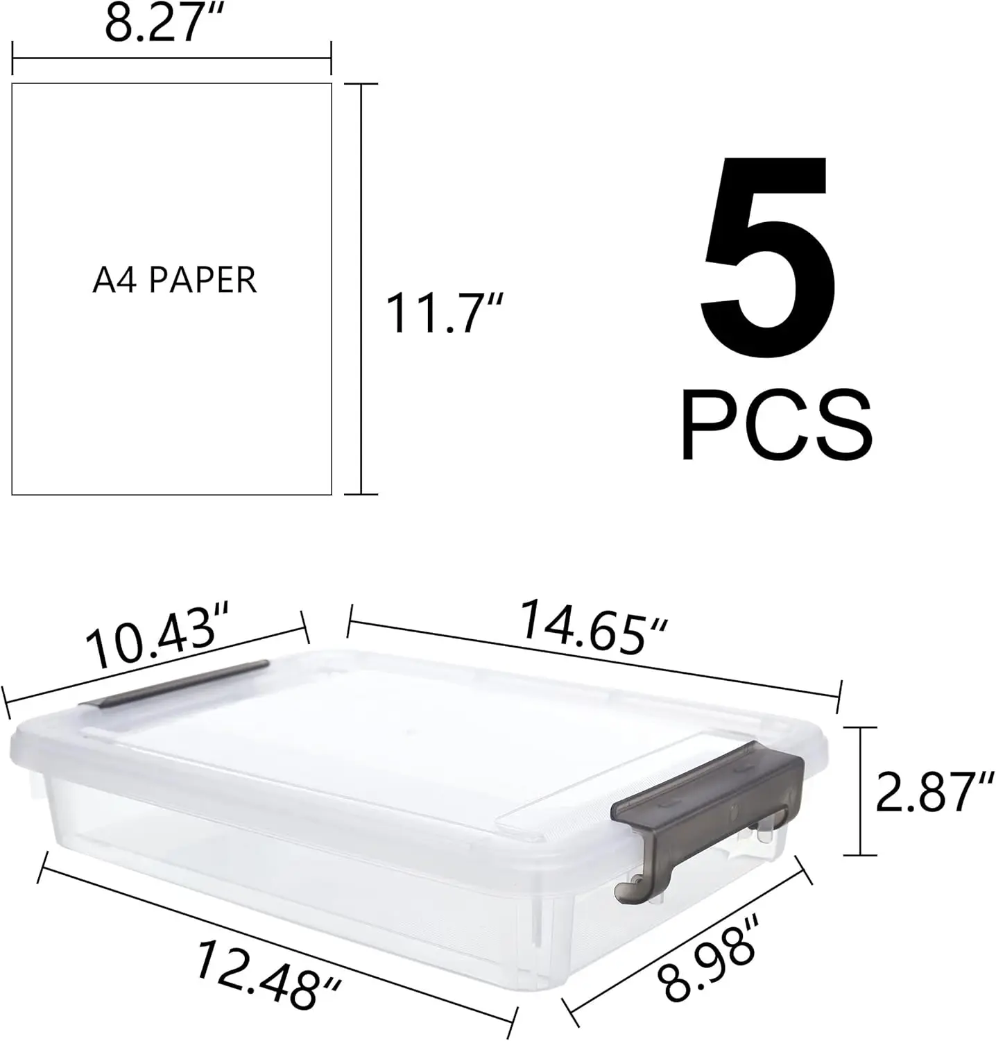 

5 PCS Plastic Storage Bins with Latching Lids Project Case Clear File Box Stackable Storage Containers for Organizing A4 Paper