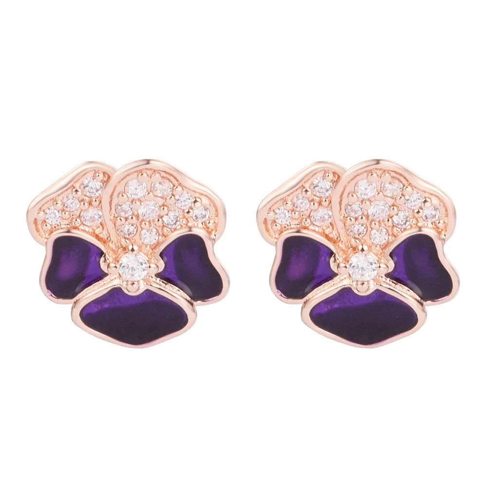 

2022 Spring Bloom Deep Purple Pansy Flower Stud Earrings Wedding Make Up Fashion Female Jewelry Making With Crystal Stud Earring