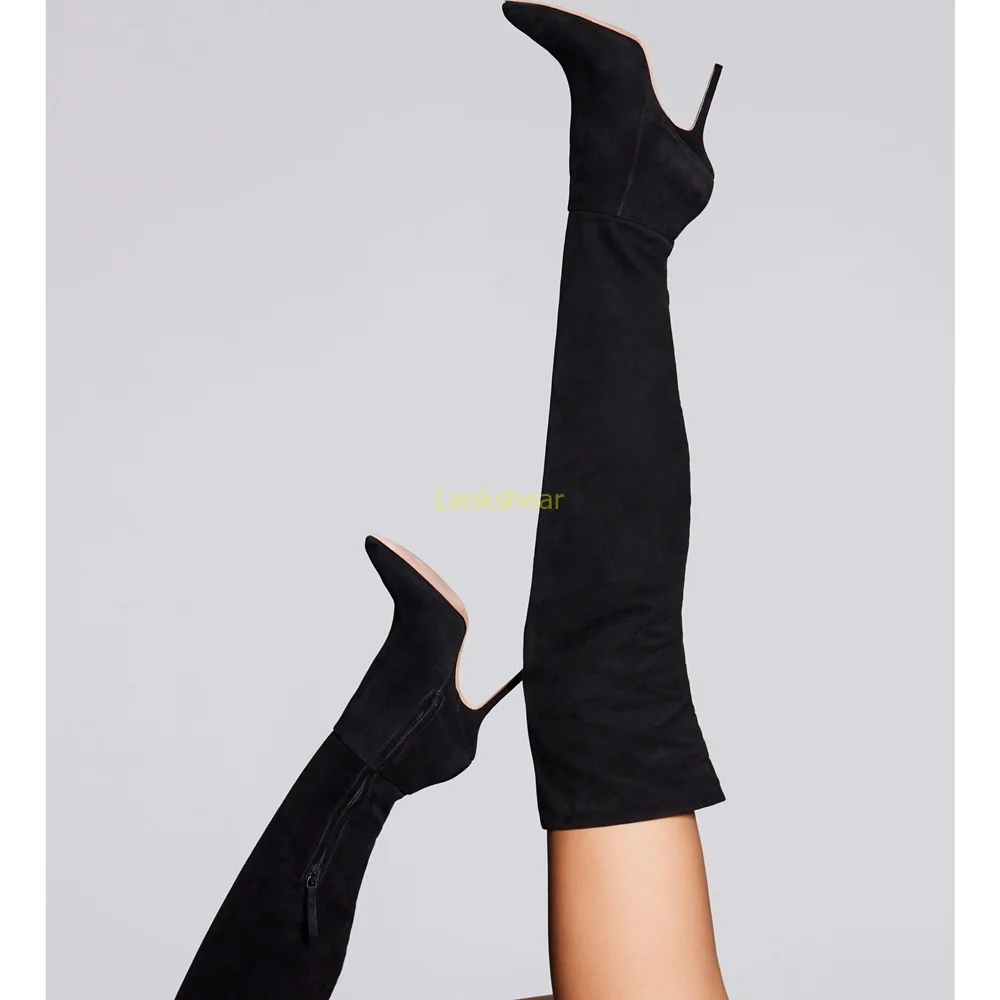 

Black Suede Over The Knee Slouchy Boots Sexy Pointed Toe Stiletto Solid Pleated New Arrivals Fashion Women Modern Boots