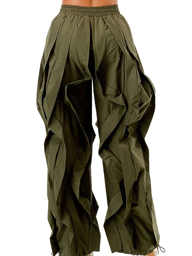 فضفاض Ruched كشكش فانوس السراويل النساء مرونة الخصر الرباط الصلبة السراويل الإناث سيدة جديدة الدانتيل يصل بانت الشارع 2025 الخريف