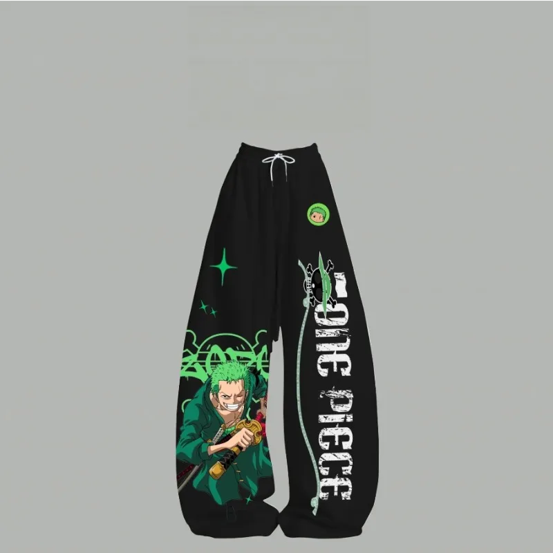 One Piece Roronoa Solon Themed Casual Pants with Black Background and Green Cartoon Character Print Wide Leg Sports Pants