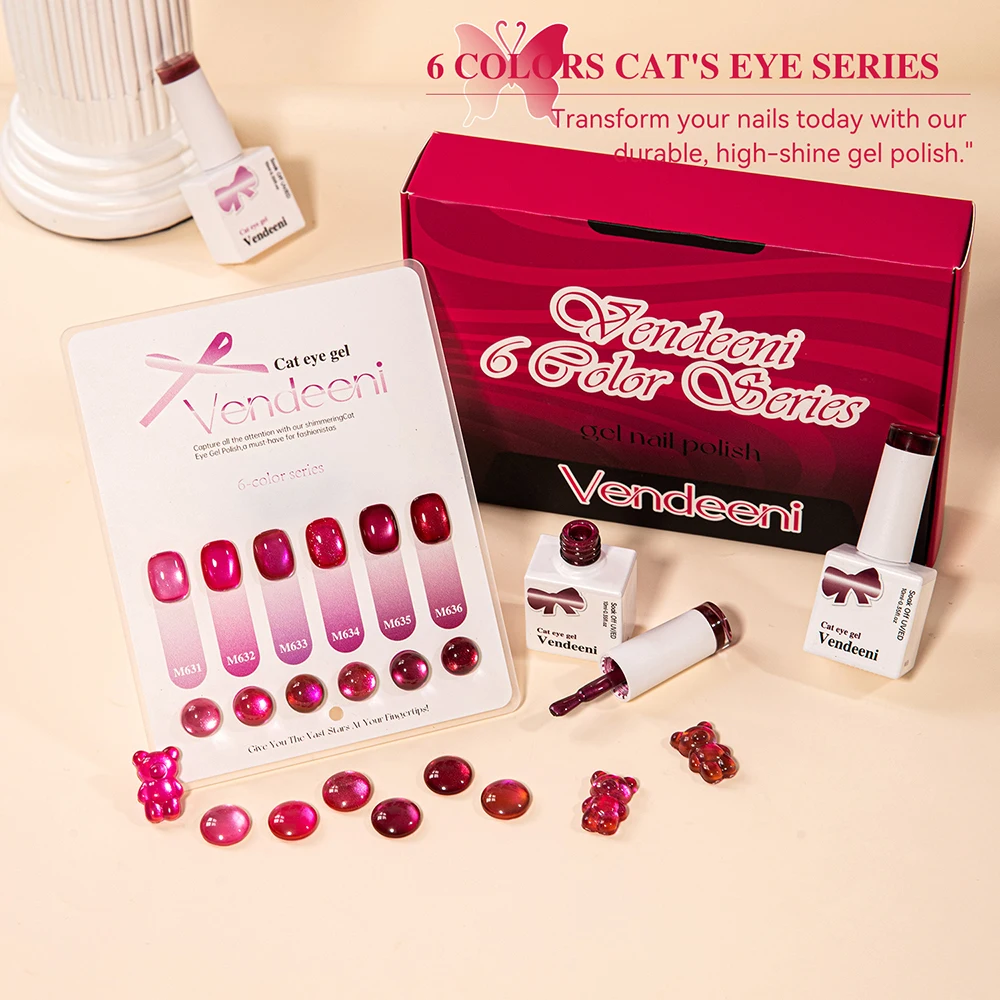 Vendeeni 6 Colors/set Crimson Red Pearl Cat Eye Gel Nail Polish Magnetic Manicure Nail Varnish With Color Card TPO/HEMA FREE