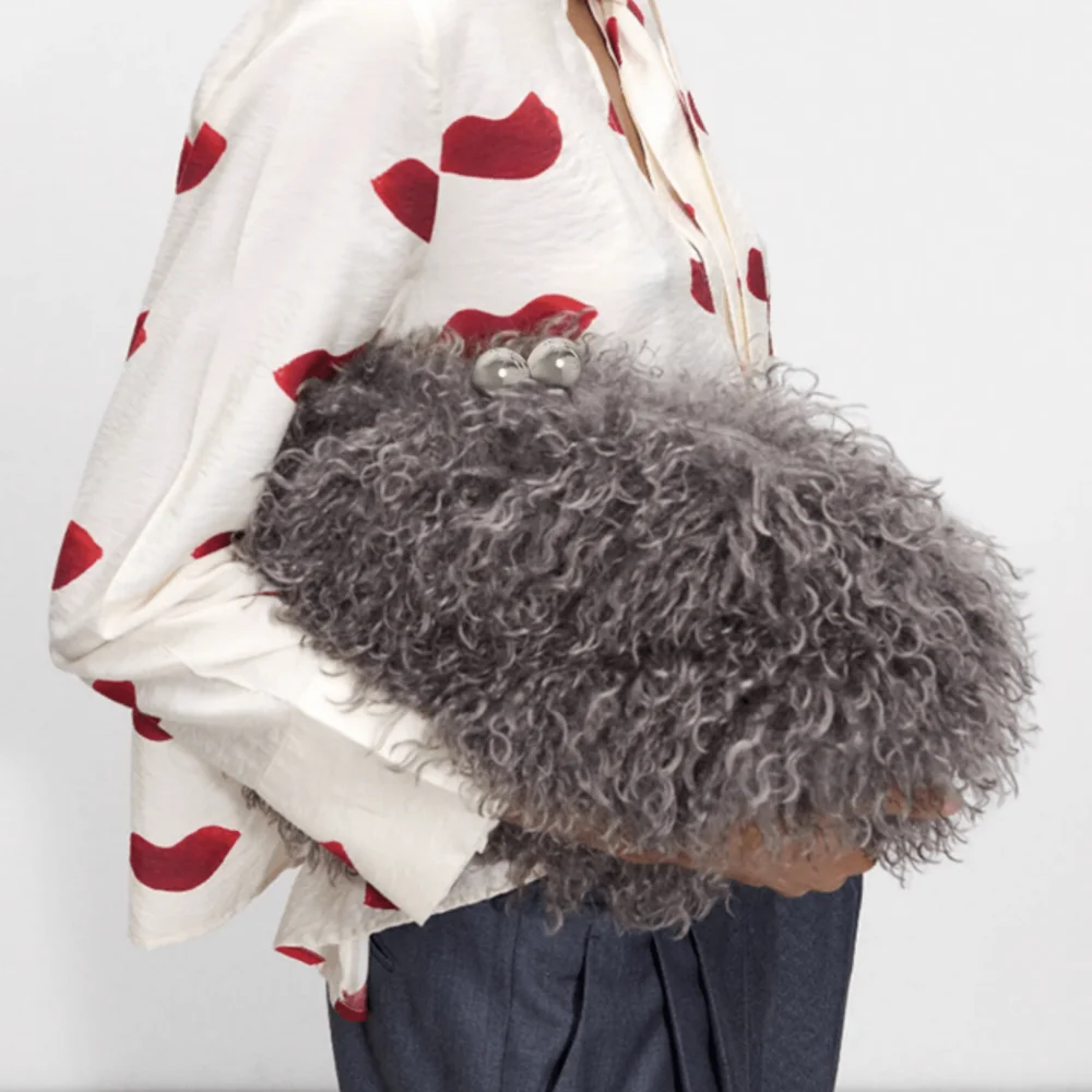 

Women Faux Fur Clutch bag winter warm dark grey pouch frame clasp bag with chain crossbody