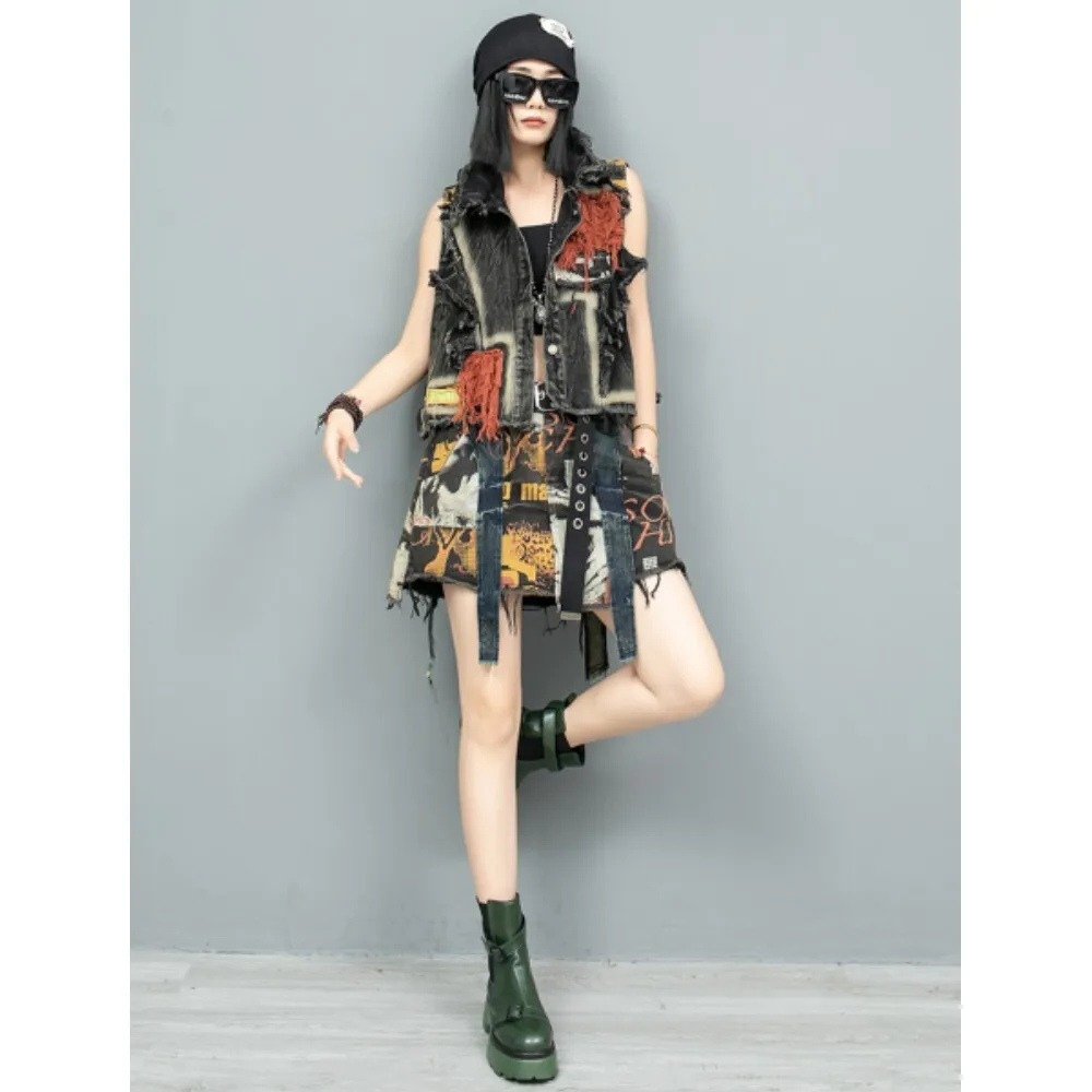 Personalized Trendy Printed Denim Vest + Skirt Two Piece Set Women 2024 Autumn Dress Set ZF102