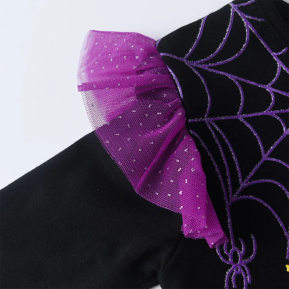 VIKITA Kinder Halloween Feiertagskostüme Mädchen Spinnen-Totenkopf-Druck Glockenärmel Herbst Winter Prinzessin Mesh Tutu Kleider – Detail 5
