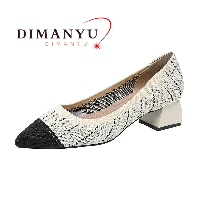 DIMANYU-Pointed Toe Dress Shoes para mulheres, salto de bloco, malha, fio dourado, cor, moda, novo, 2024