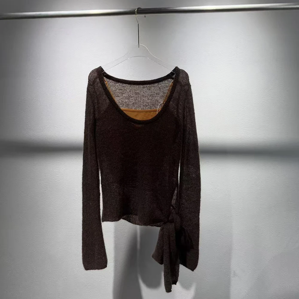 Women's T-Shirt with Large Collar and Bell Sleeves Y2K Twisted Knot Detail Elegant Commuter Two-Piece Top 2025 Fall/Winter New