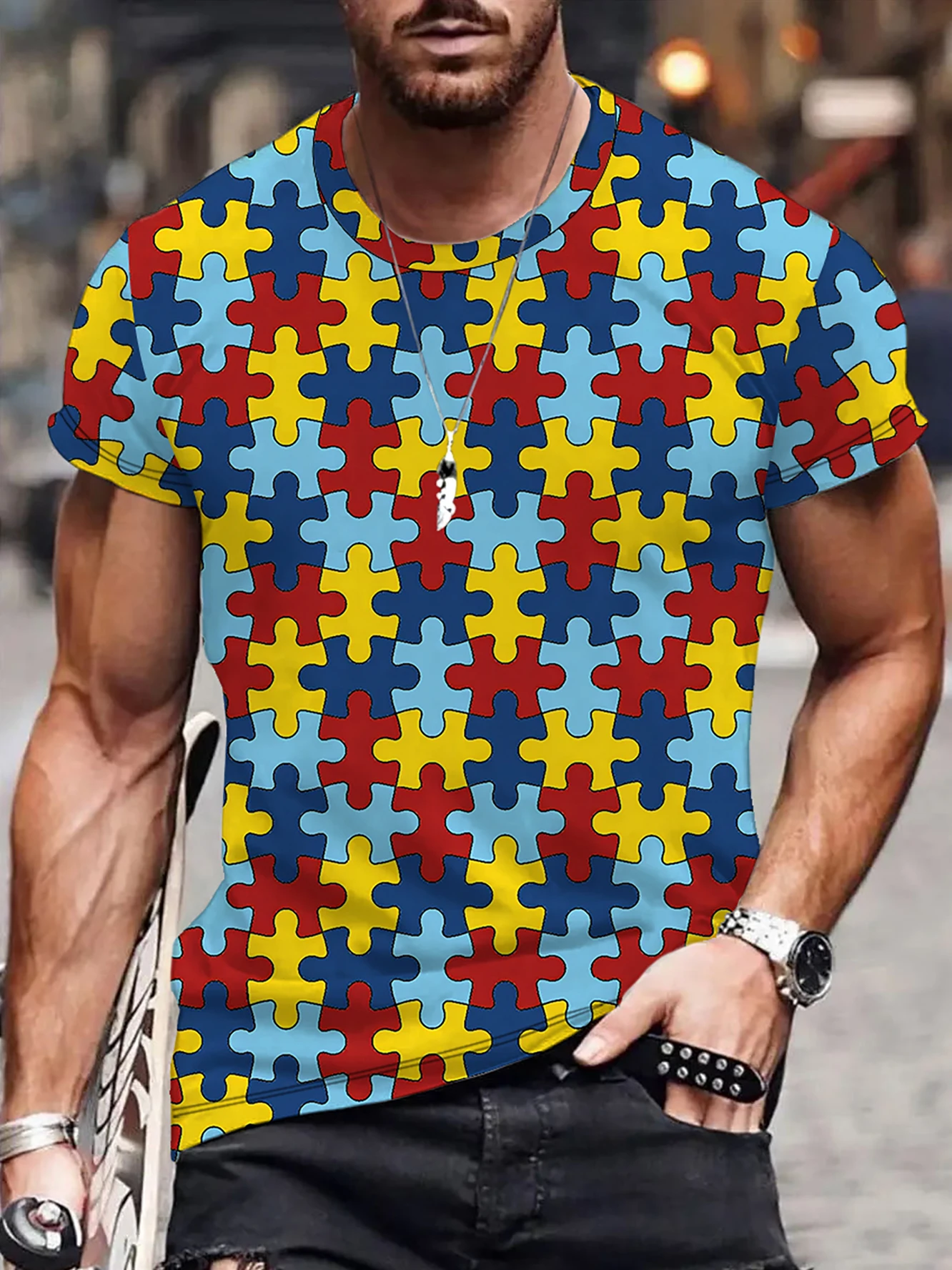 Men's loose casual short sleeve T-shirt summer comfortable breathable T-shirt fashion funny puzzle 3D digital printing T-shirt