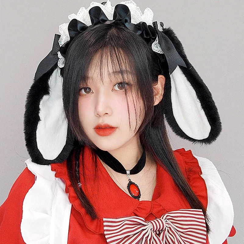 

1pc Plush Rabbit Ears Headband Cute Lace Anime Hair Hoop For Girls Women Headdress Lolita Cosplay Maid Attire Hair Accessories