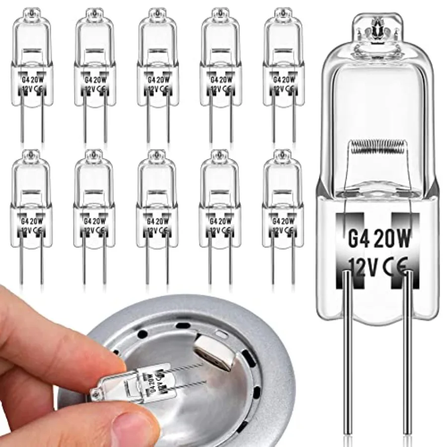 

10 Packs G4 Base Halogen Light Bulbs, 2 Pin 12V 20W T3 Bi-Pin Long Lifetime Dimmable 3000K for Under Cabinet Puck Light, Chande