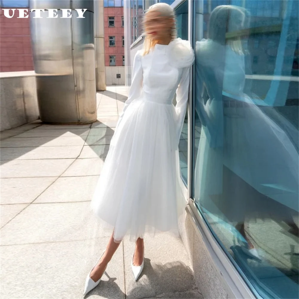 UETEEY Customized High Neck Long Sleeves Flower Crepe A Line Wedding Dress Women Simple Button Cut Out Back Mid-Calf Bridal Gown