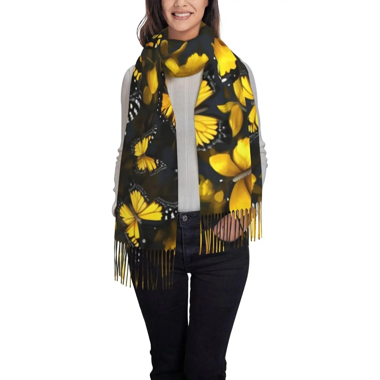 

Модный женский шарф с желтыми цветами и бабочками, рождественский зимний шарф для женщин и мужчин, длинный шарф с кисточками, шаль