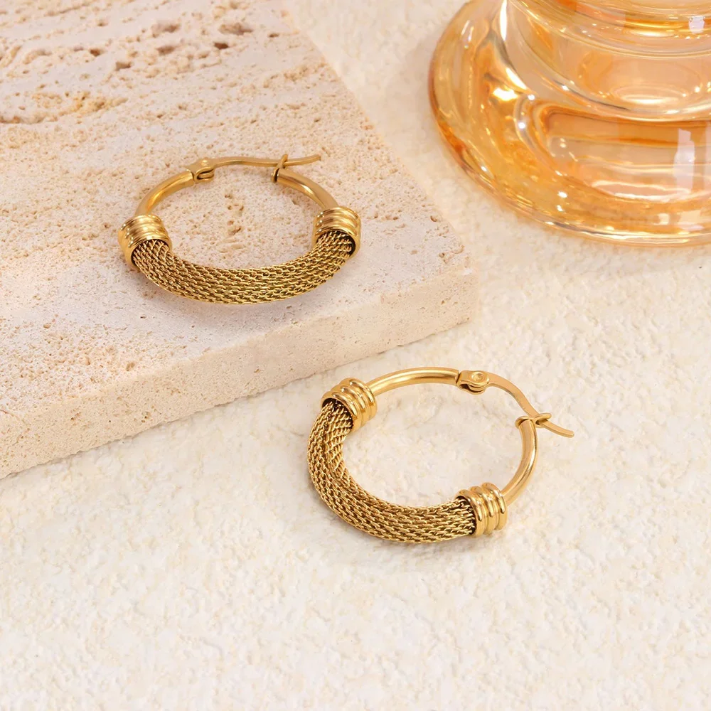 1 Pair Stainless Steel Twisted Hollow Mesh Hoop Earrings Gold Plated Round Earrings Women\'s Jewelry Accessories Wholesale