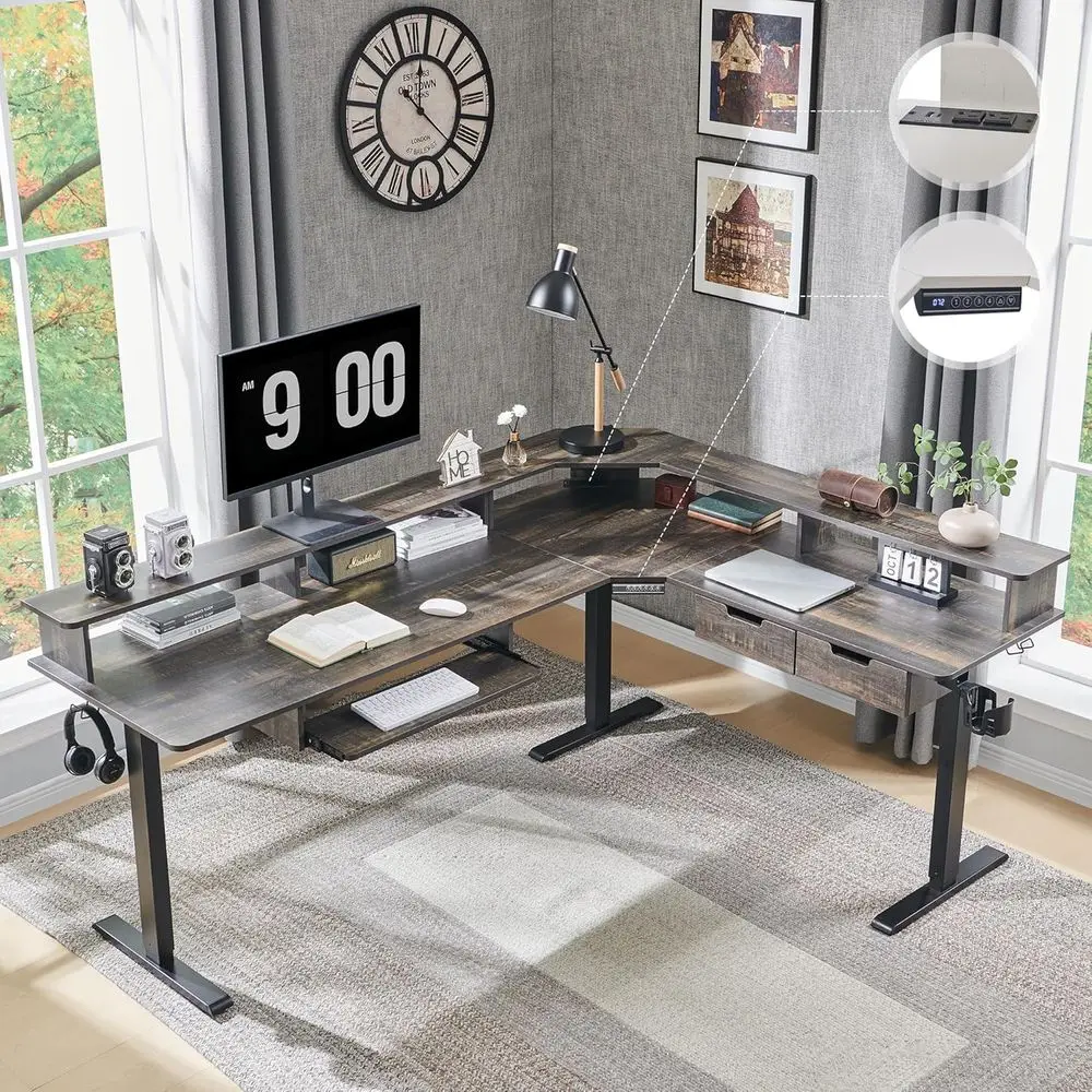 

75X60 Inches L Shaped Electric Standing Desk,Height Adjustable Gaming Desk with Ders, Keyboard Tray, Power Outlets & LED Lights,
