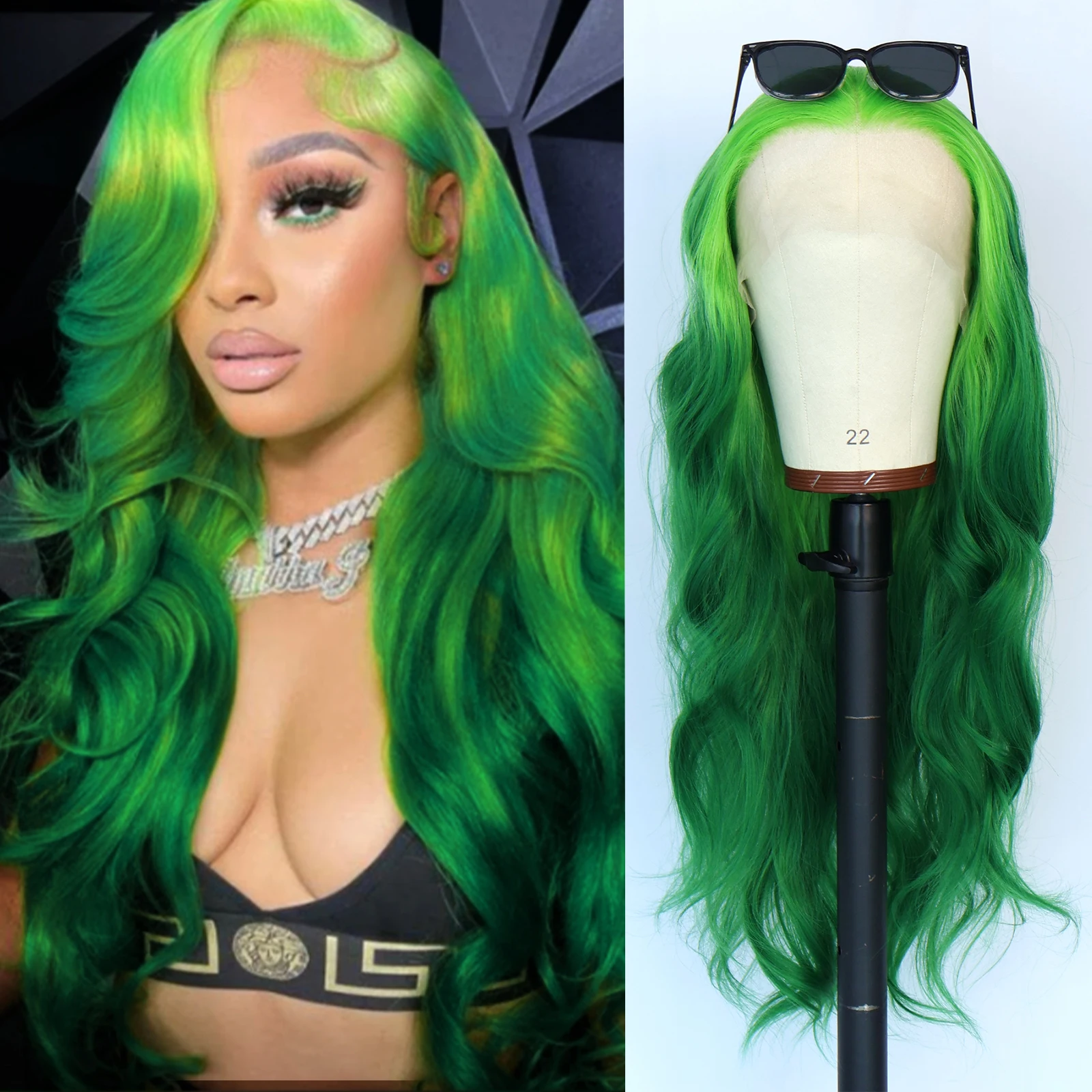 

13*3Ombre Зеленые объемные волны Синтетические парики фронта шнурка Мелирование Свободные волны Длинные волосы Свободная часть Натуральная линия волос