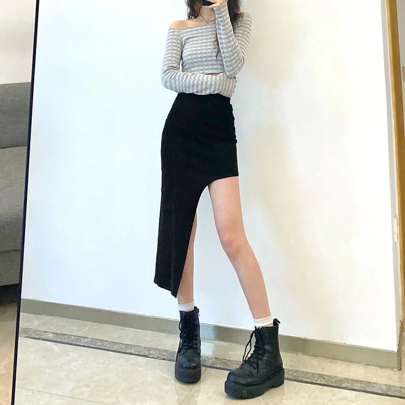 Korean Fashion Chic Oblique Cut Irregular Skirt 2023 Sexy Casual High Waist Lace Up Bandage Bag Hip Patchwork Skirts Streetwear