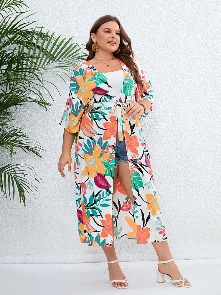 GIBSIE Plus Size Cardigan Kimono da spiaggia con stampa Casual con cintura vacanza tunica allentata bohémien donna Beachwear Cardigan lungo estivo