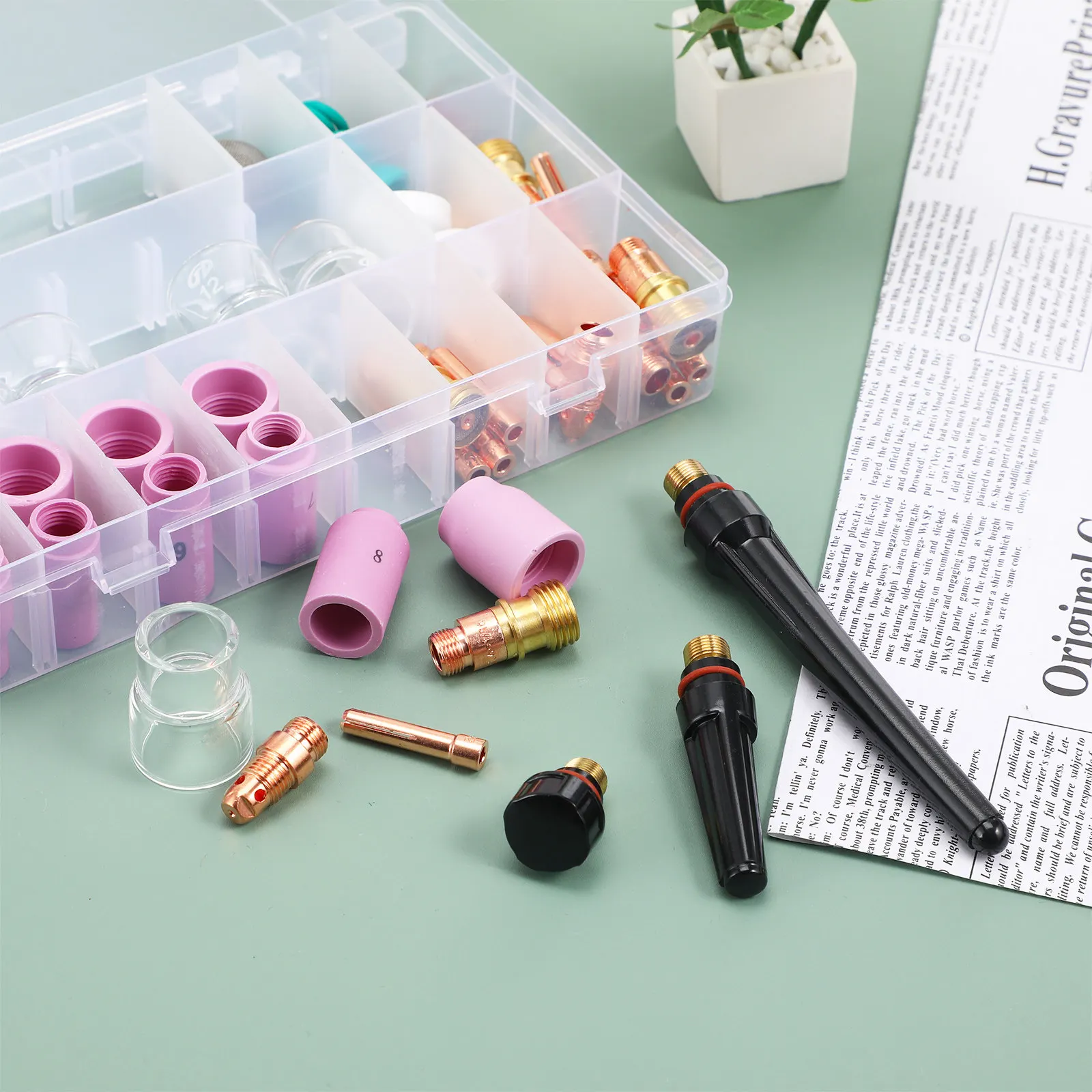 1セットの溶接トーチキット。精密な金属・プラスチック溶接用部品。短型ガスレンズ、tig溶接用カップ、ノズル、コレット、カップガスケット、各種アクセサリー。