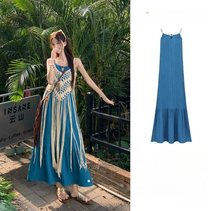 Sweet Vacation Beach Dress Sets Women Tassel Cover Up Vest Suspender Dress 2-piece Set Design All-match Long Dresses Outfits