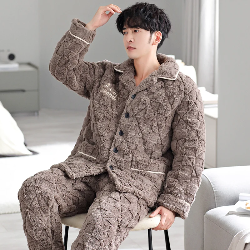 Winter plush velvet quilted men's pajamas cardigan lapel three-layer thick cotton-padded men's home clothing warm pijamas hombre