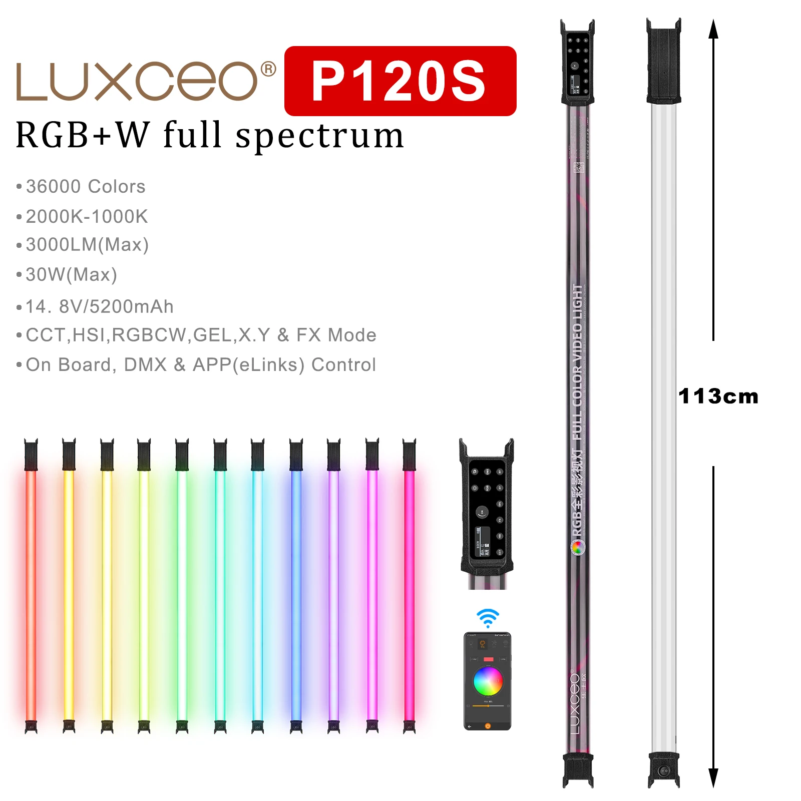 LUXCEO 30W P120S RGB Video Light Wand Wbudowana lampa akumulatorowa 3000LM Oświetlenie fotograficzne Sterowanie aplikacją/DMX Światła rurowe LED