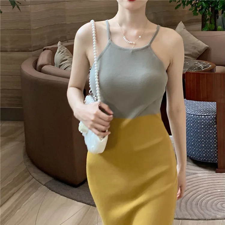 

3228 Чувственная ночь ~ Тонкое платье средней длины без рукавов с бретелькой на шее во французском стиле и бретельками